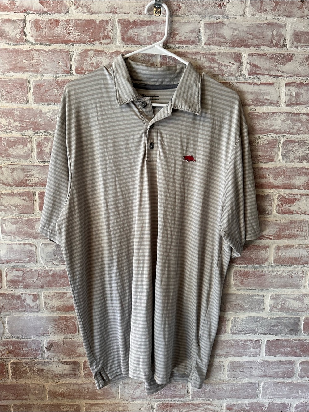Champion Gray Striped Men's Polo with Razorback Logo